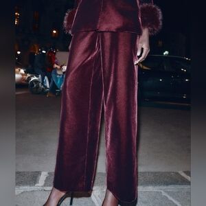 Zara Velvet  Wide Leg Pants ZW Maroon Sz M Bnwt